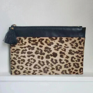 NWT J. Crew Leather Leopard Animal Print Calf Hair Clutch Pouch